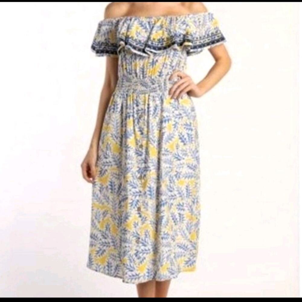 Skies Are Blue Yellow Floral Off The Shoulder Ruffle Midi Dress Size Medium - Picture 1 of 15